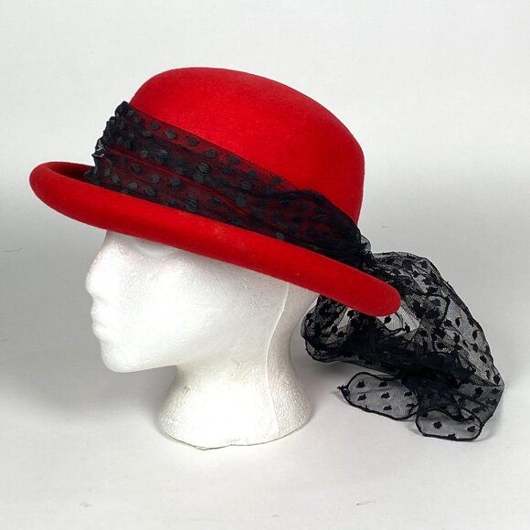 Vintage Street Smart by Betmar Red Wool Bowler Hat Black Lace Accent Made in USA - Picture 1 of 7